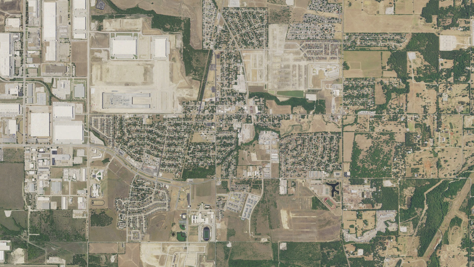 Natural-color aerial photograph of land around Everman, Texas