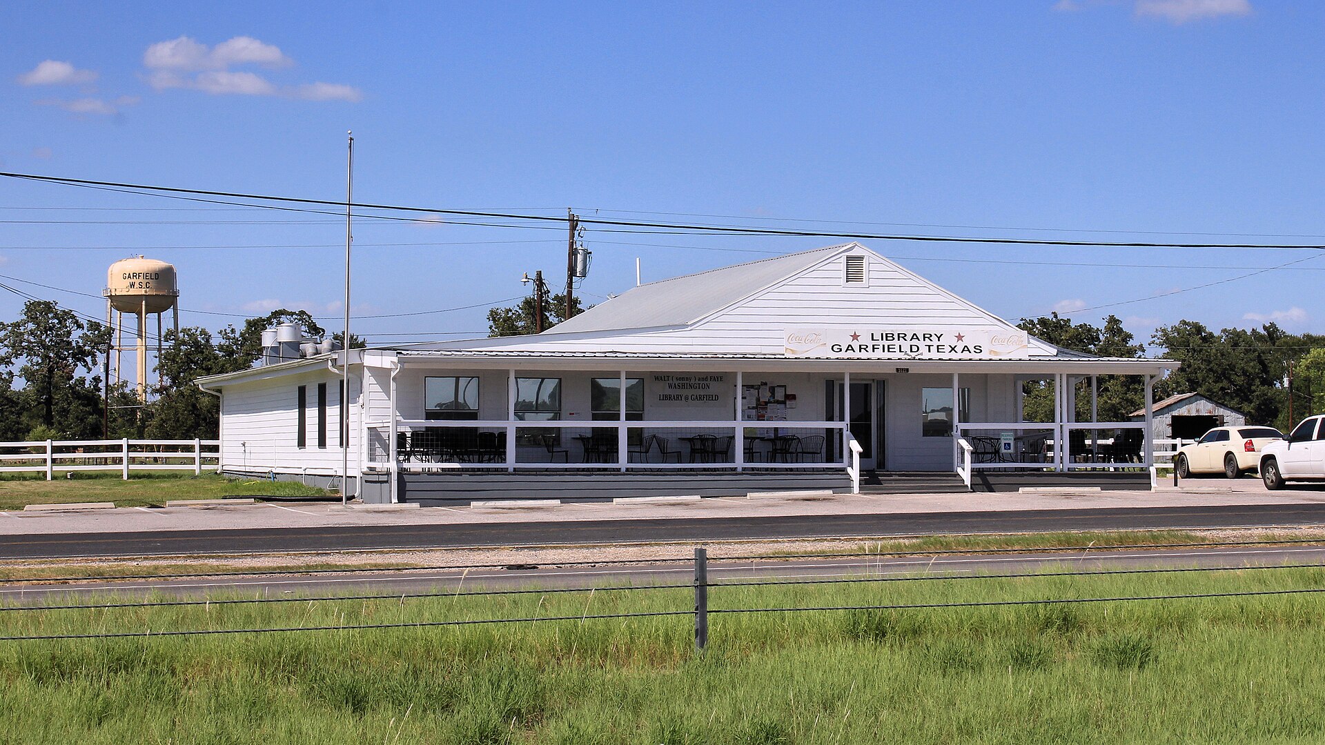Library and Water Tower in Garfield, Texas, United States.