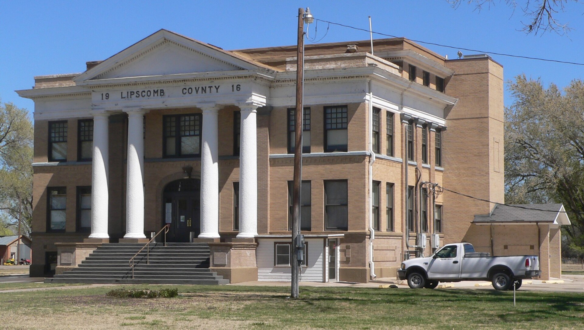 Lipscomb County courthouse in Lipscomb, Texas; seen from the southwest.