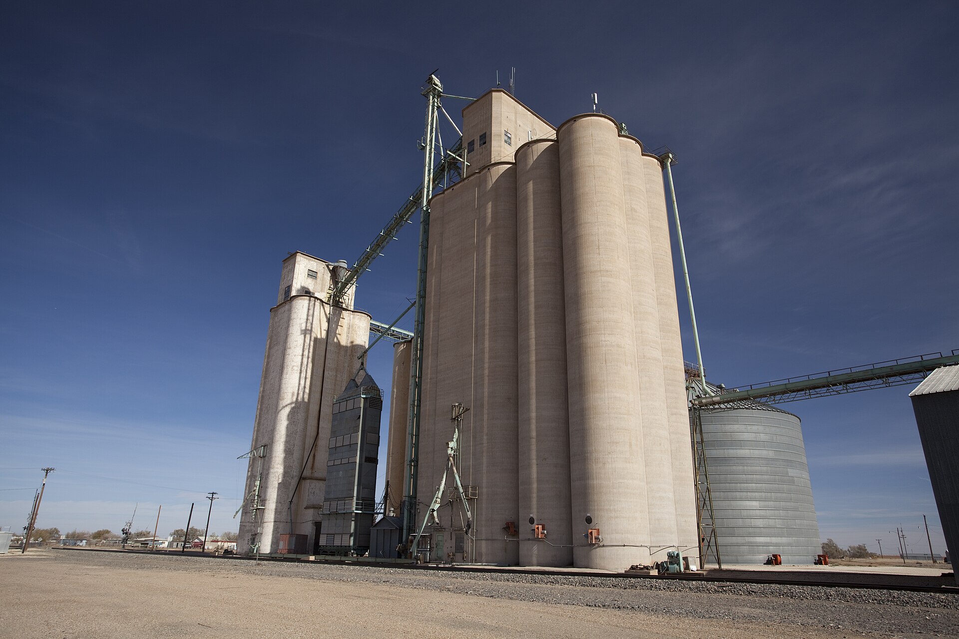 Grain elevator along the tracks in Hale Center, Texas.