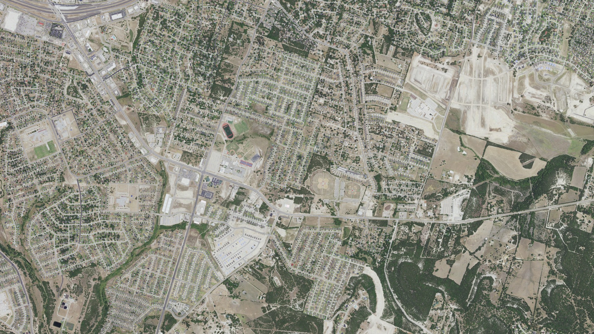 Natural-color aerial photograph of land around Harker Heights, Texas