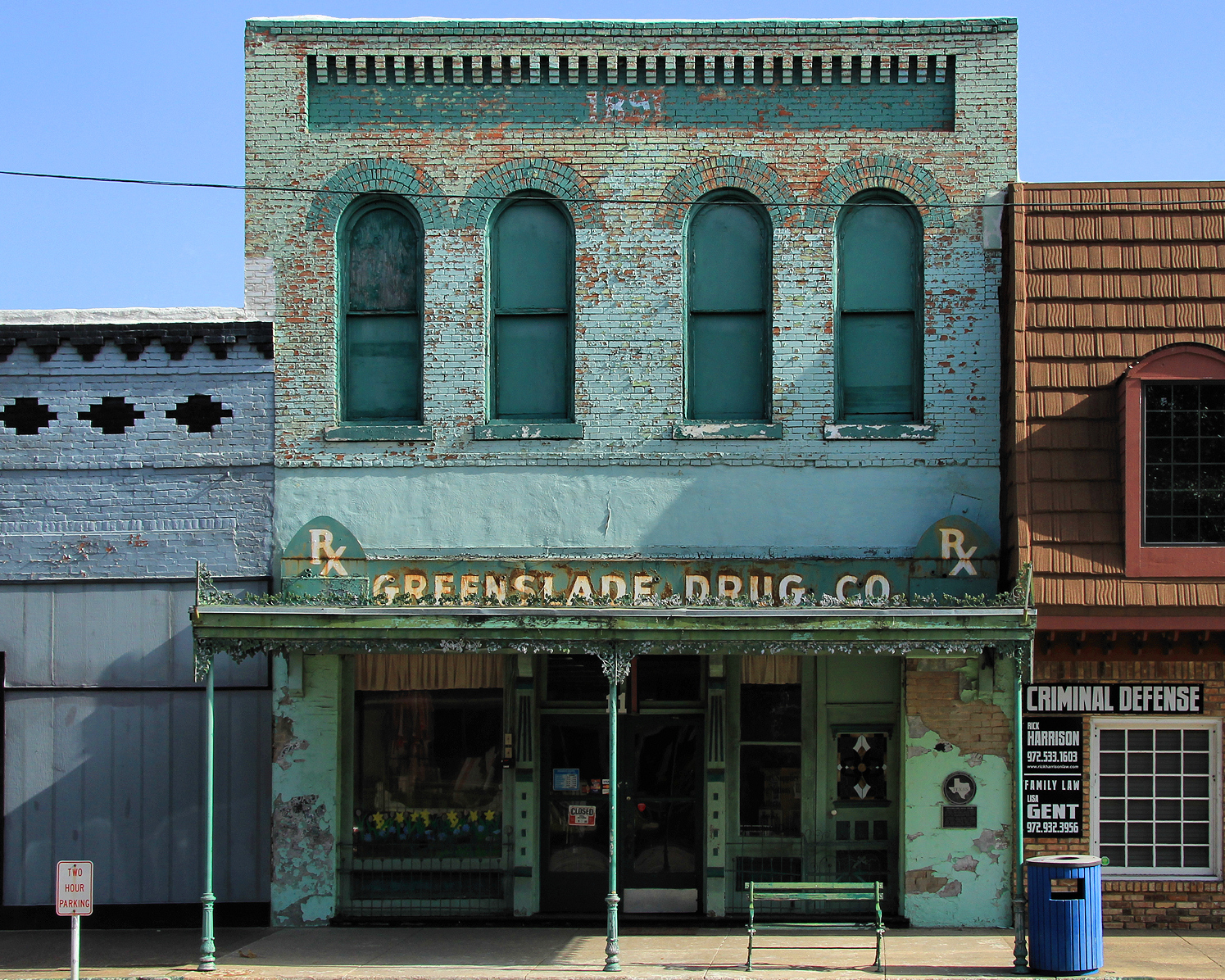 The Greenslade Drug Store in Kaufman, Texas, United States. The building was designated a Recorded Texas Historic Landmark in 1968.