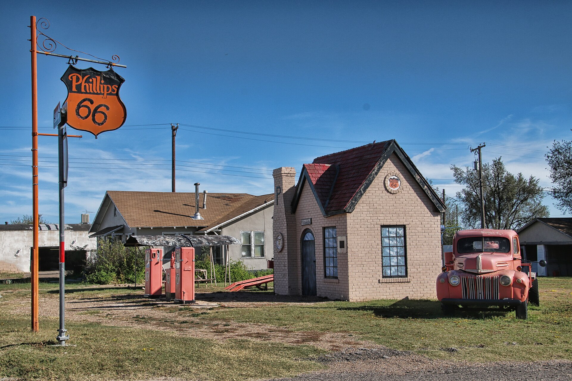 Corner of First Ave and Gray St; Phillips 66 Gas Station, 218 W. First St., McLean, Texas; opened in 1929 as the first Phillips gas station in Texas