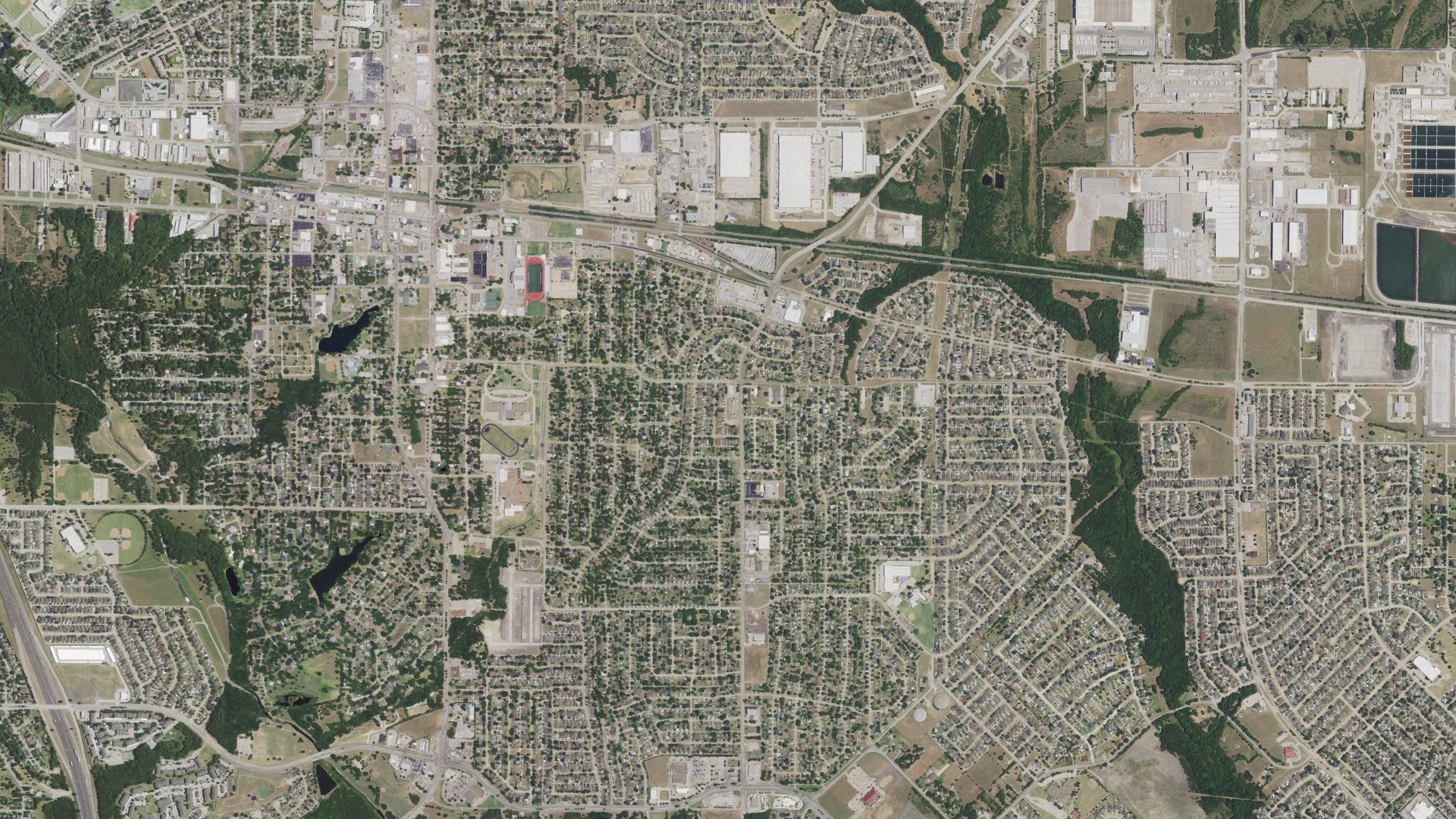 Natural-color aerial photograph of land around Mesquite, Texas