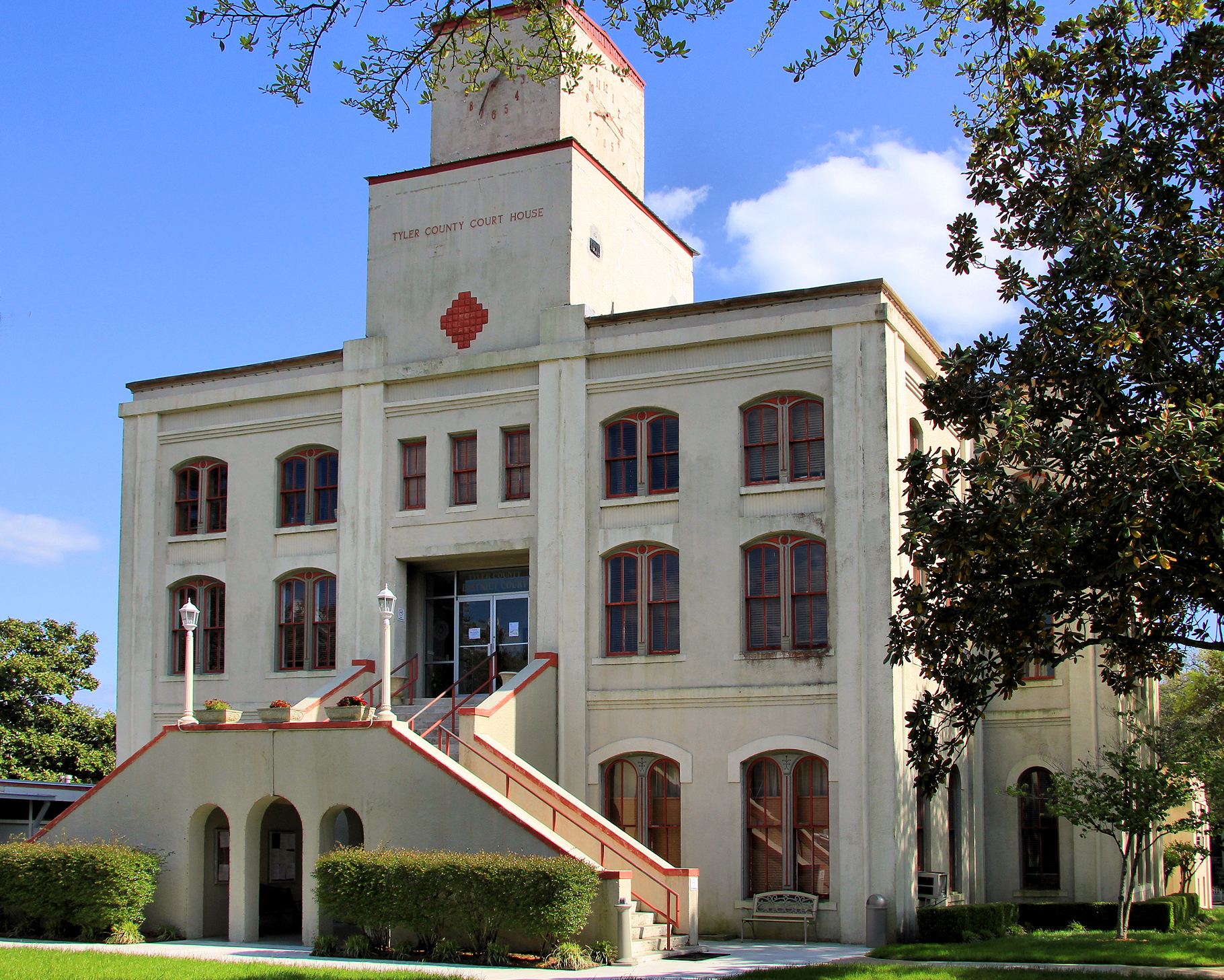 The Tyler County Courthouse in Woodville, Texas, United States. The courthouse was designated a Recorded Texas Historic Landmark in 2000 and listed on the National Register of Historic Places on May 18, 2015.