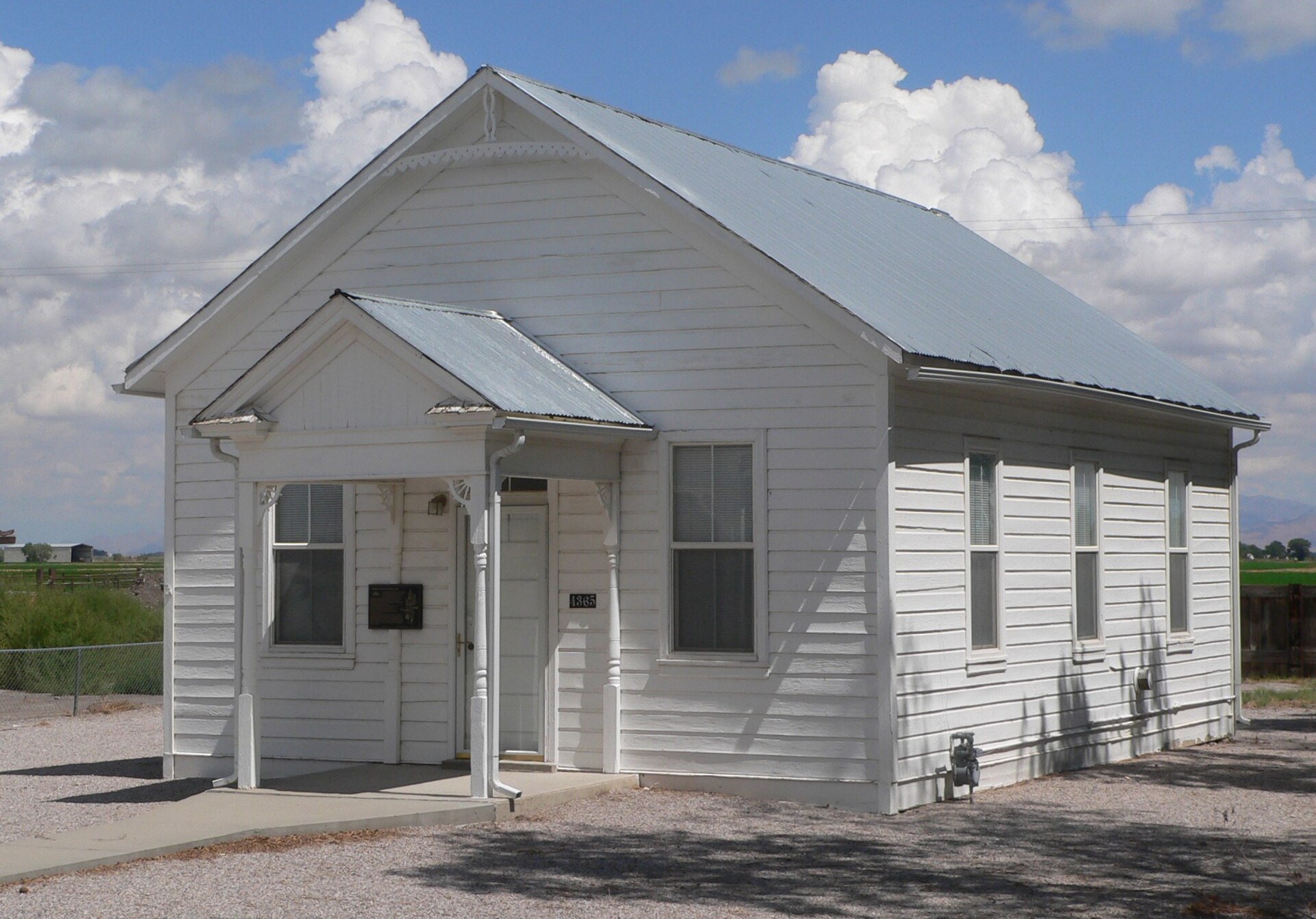 Deseret Relief Society Hall, located at 4365 S. 4000 West in Deseret, Utah; seen from the southwest.