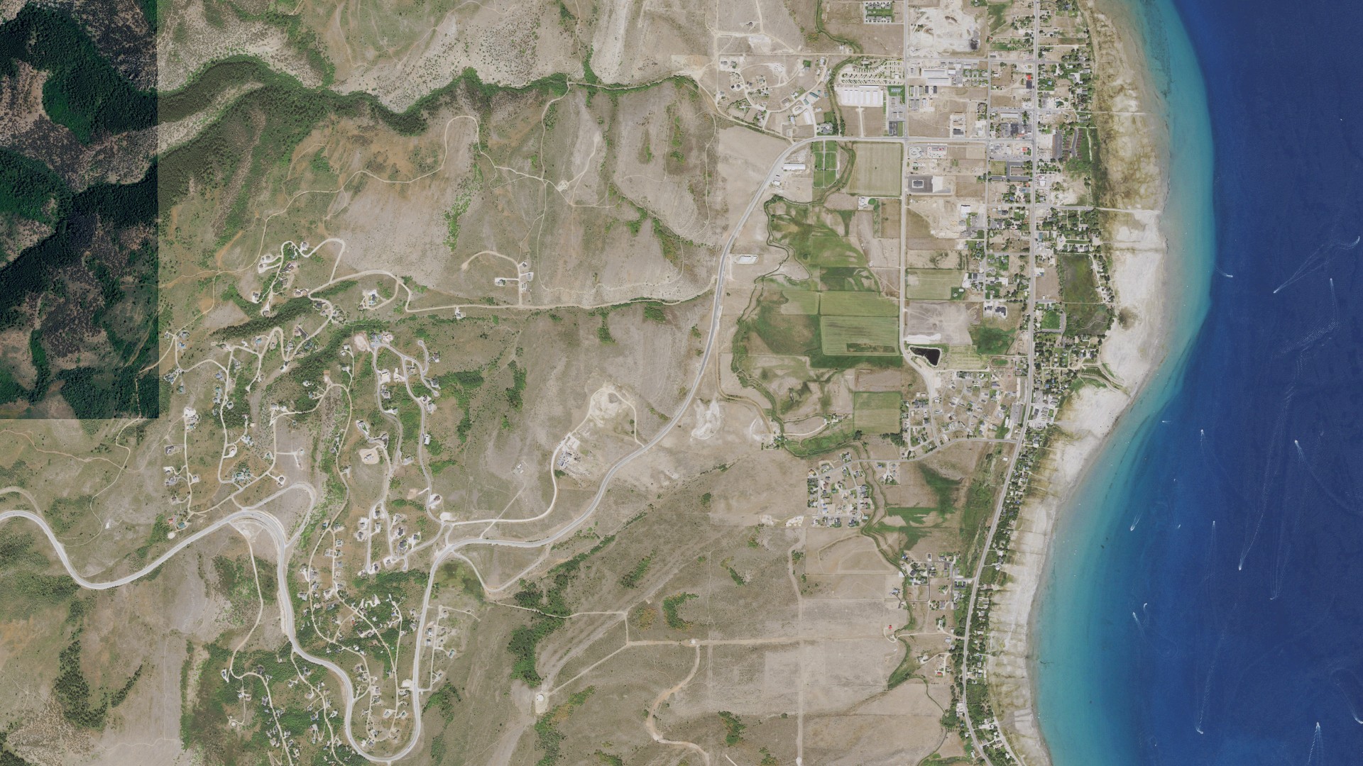 Natural-color aerial photograph of land around Garden City, Utah