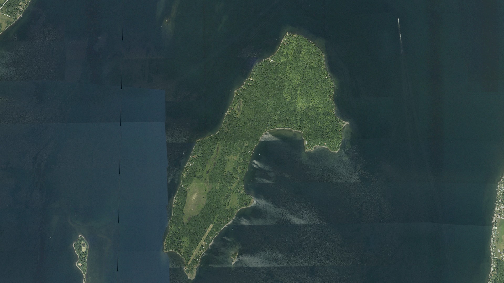 Natural-color aerial photograph of land around North Hero, Vermont