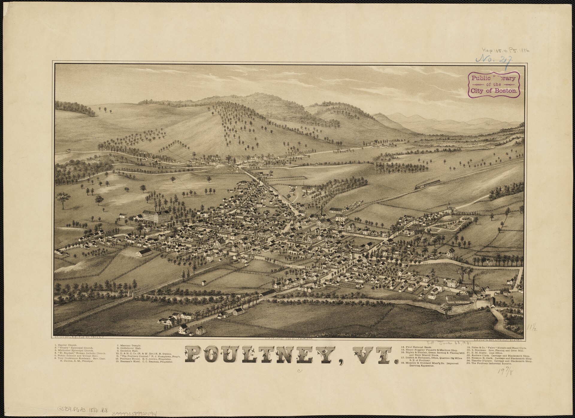 Zoom into this map at maps.bpl.org. Author: Burleigh, L. R. Publisher: L.R. Burleigh Date: c1886. Location: Poultney (Vt.) Scale: Not drawn to scale. Call Number: G3754.P6A3 1886.B8 — Vermont