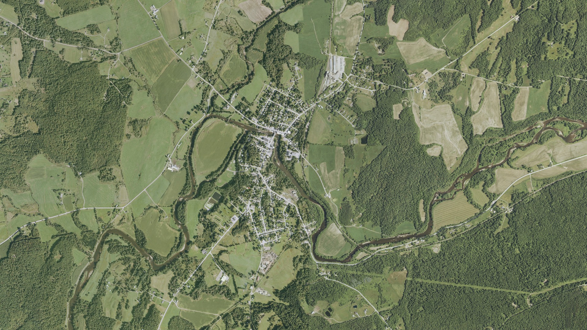 Natural-color aerial photograph of land around Richford, Vermont