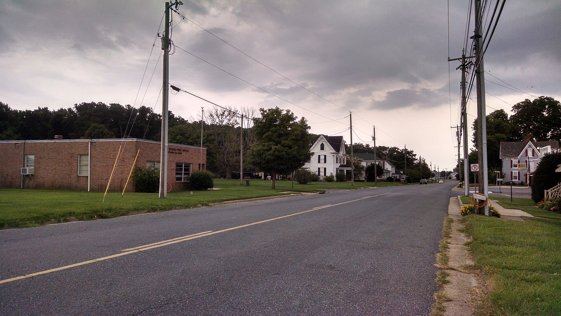 Atlantic Road, the primary thoroughfare in Atlantic, Virginia. The post office is at left.