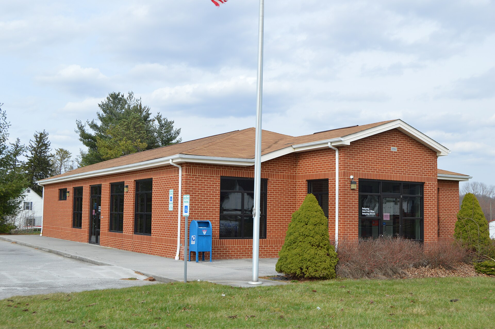 Front of the Belspring post office, located at 7893 Neck Creek Road in Belspring, Virginia, United States.