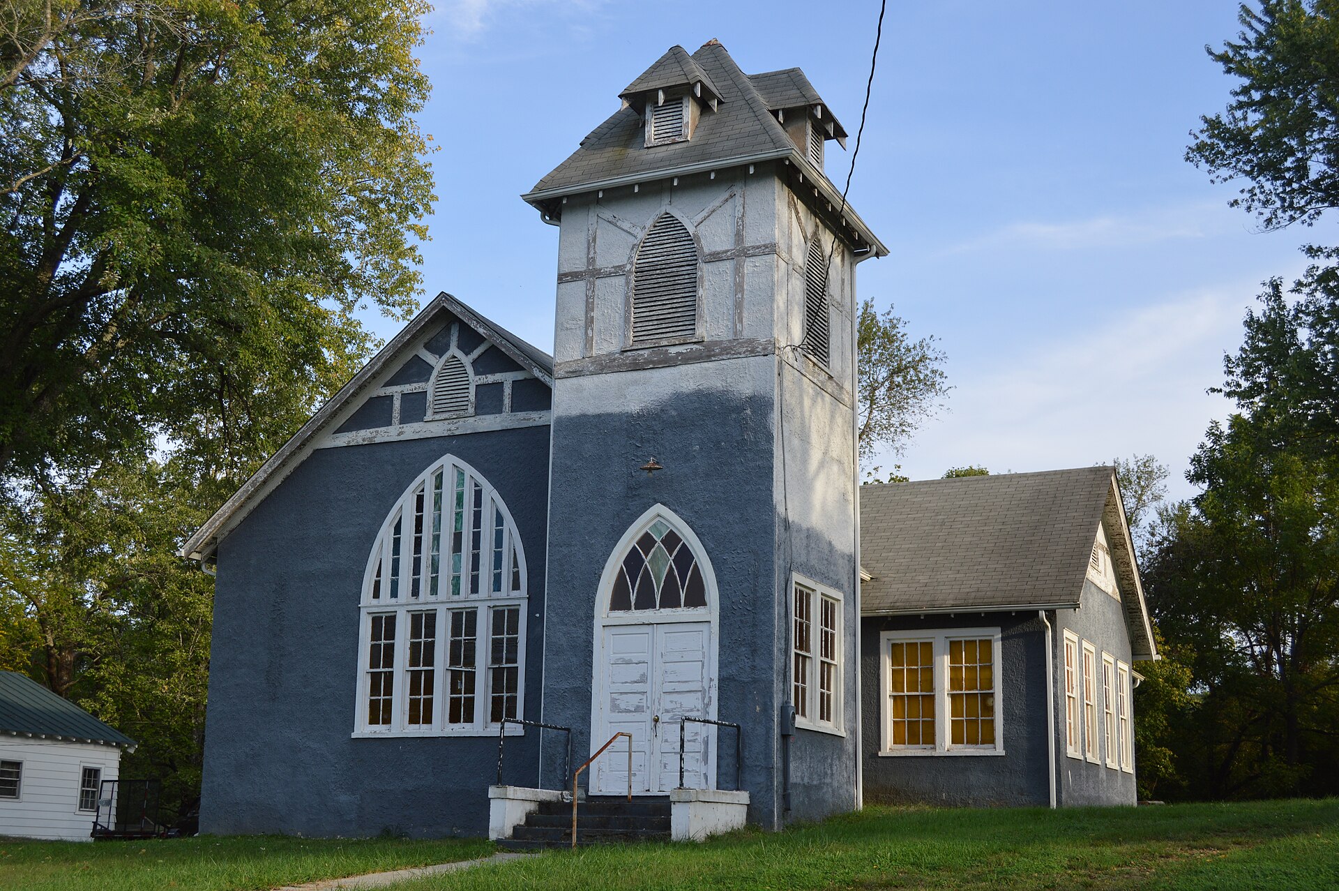 Front and western side of the former Big Island United Methodist Church, located on Plumtree Lane at Big Island in Bedford County, Virginia, United States.