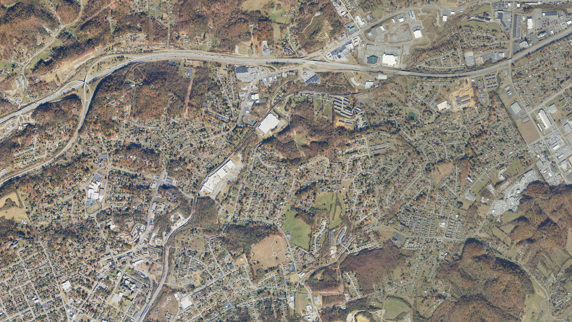 Natural-color aerial photograph of land around Bristol, Virginia