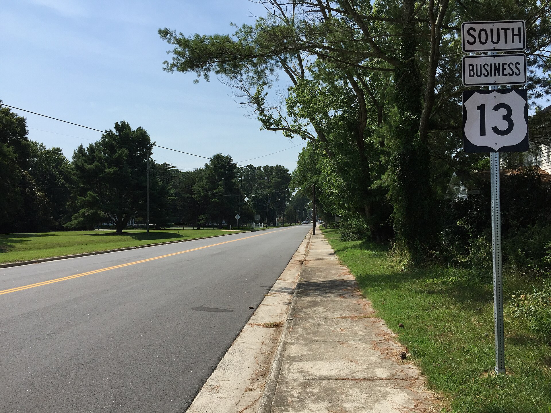 View south along U.S. Route 13 Business (Bayside Road) at U.S. Route 13 (Lankford Highway) in Cheriton, Northampton County, Virginia