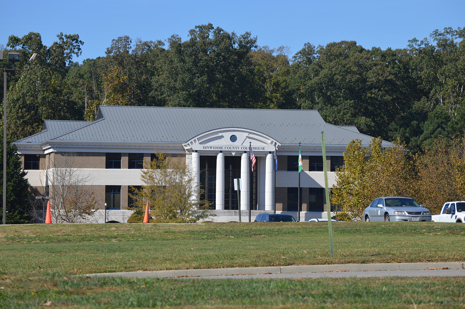 Front of the current Dinwiddie County Courthouse, located at 14008 U.S. Route 1 in Dinwiddie, Virginia, United States.