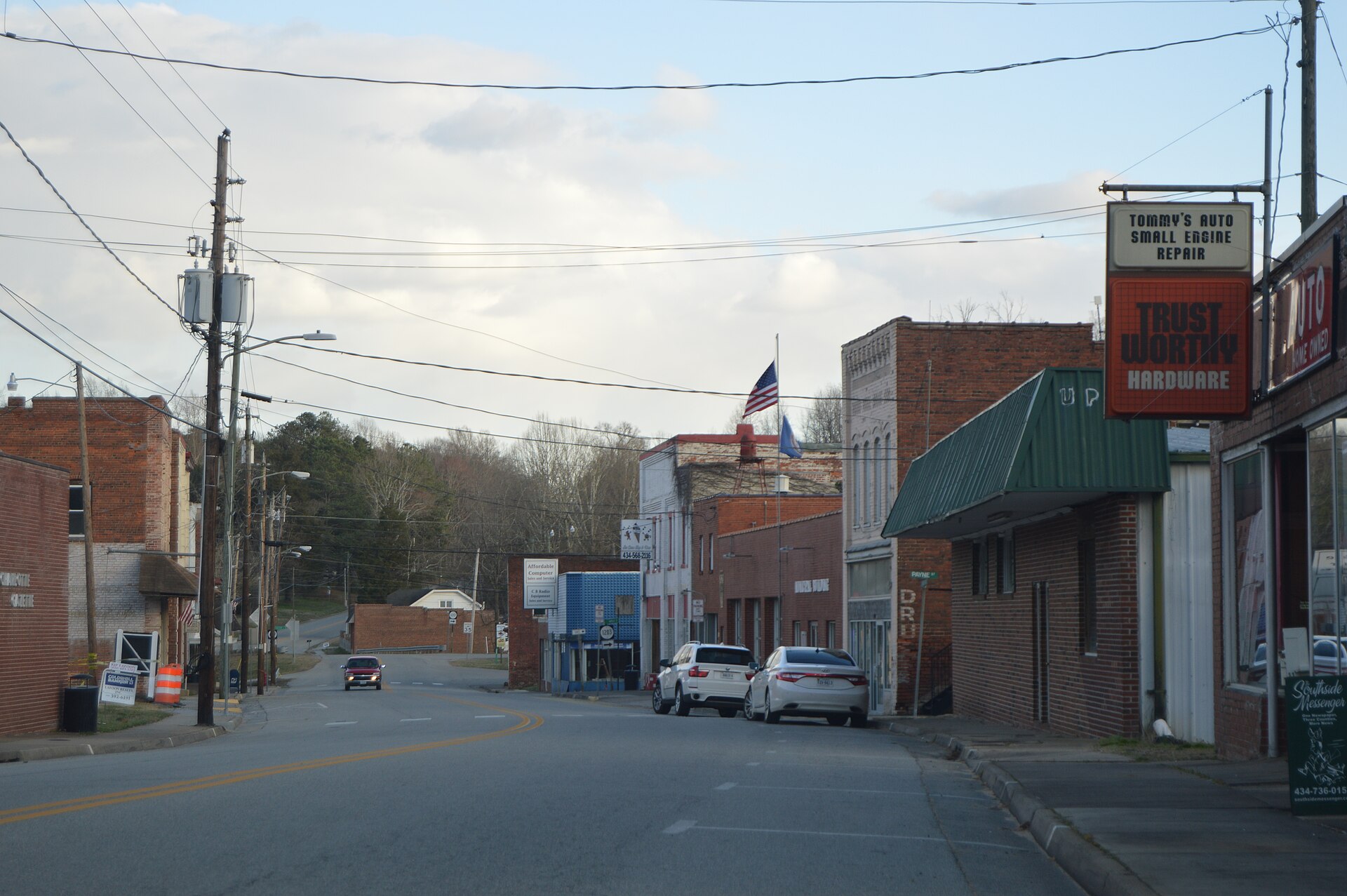 Commercial buildings on State Route 47 in central Drakes Branch, Virginia, United States.