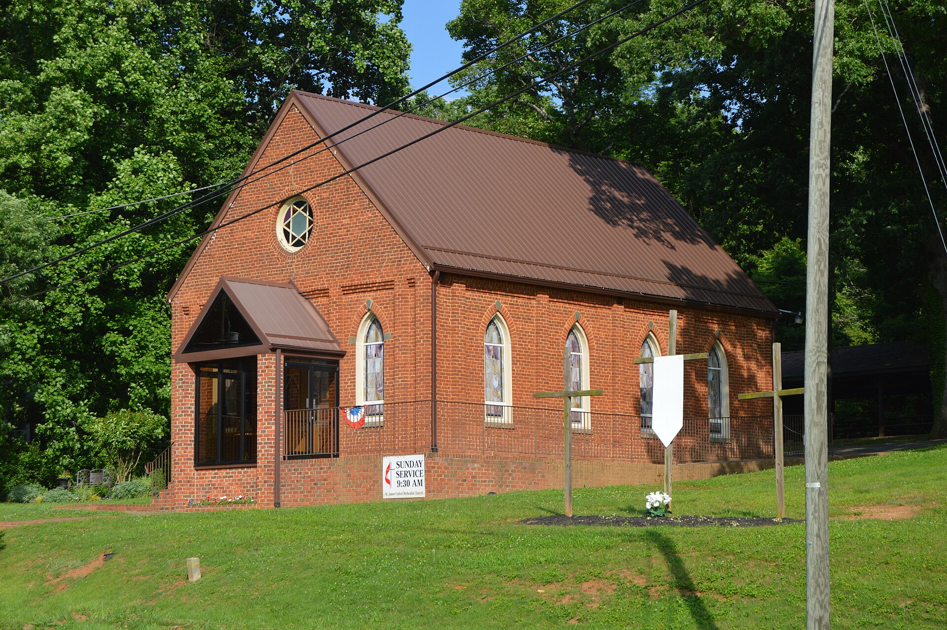 Front and western side of St. James Methodist Church, located on State Route 40 at Ferrum in Franklin County, Virginia, United States.