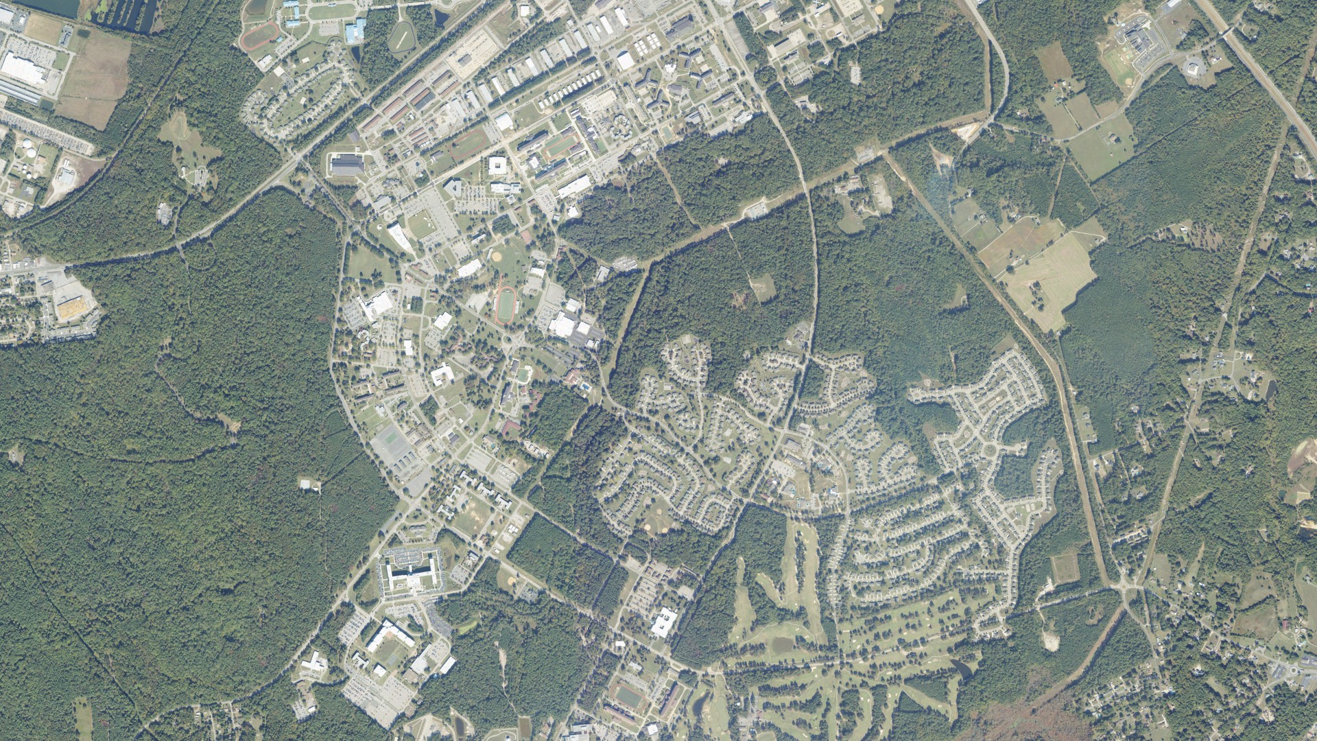 Natural-color aerial photograph of land around Fort Gregg-Adams, Virginia