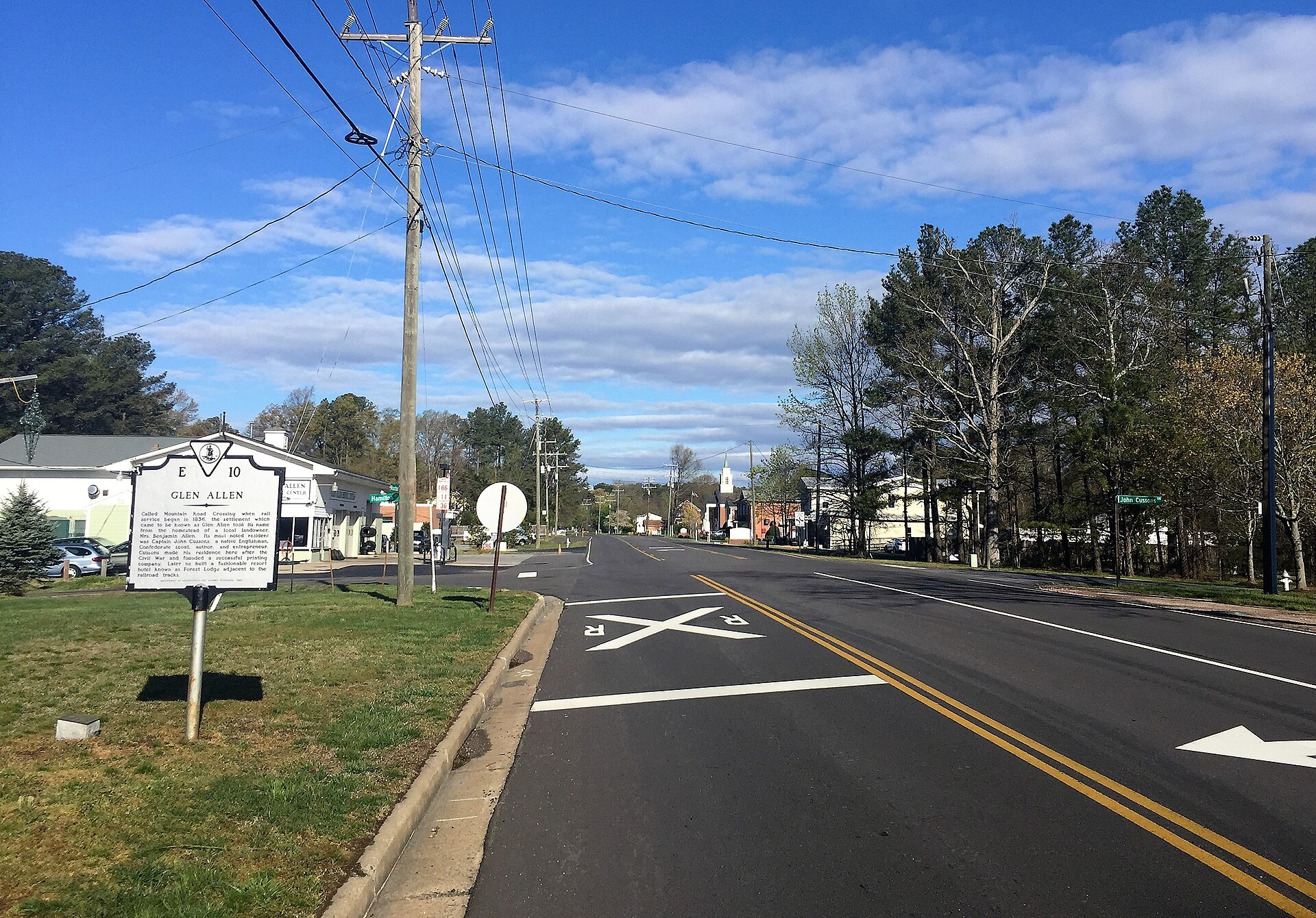 Mountain Road in Glen Allen, Virginia, with historical marker in the foreground.