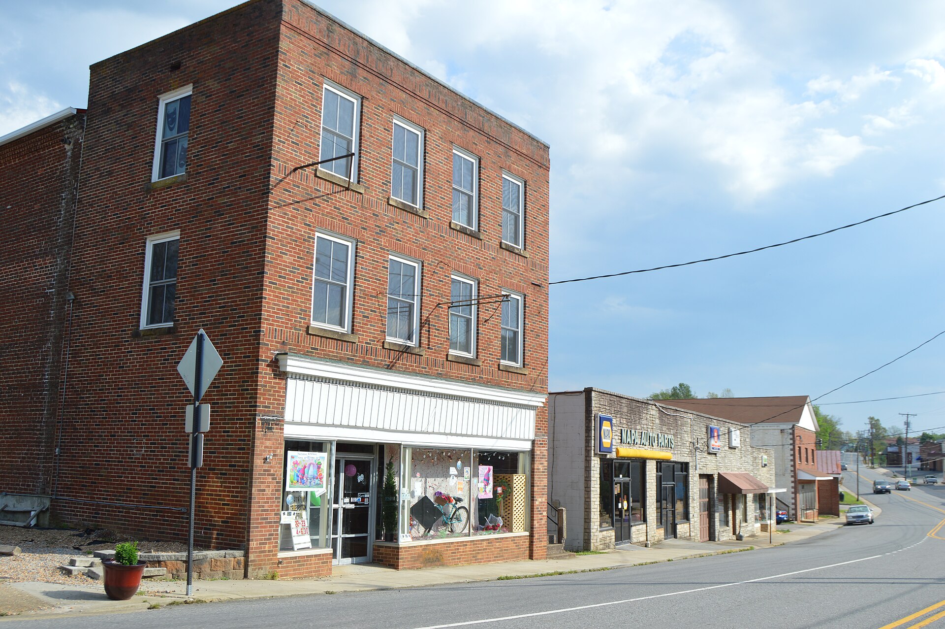 Buildings on the western side of Main Street, south of the Henry Street intersection, in Gretna, Virginia, United States.