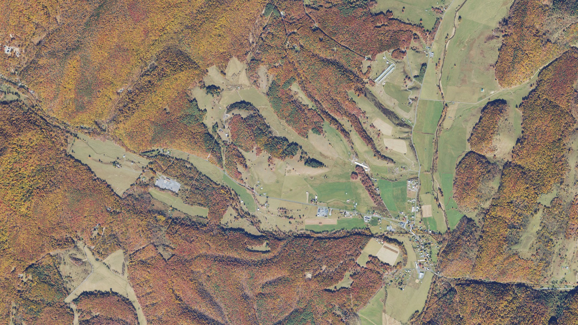 Natural-color aerial photograph of land around McDowell, Virginia