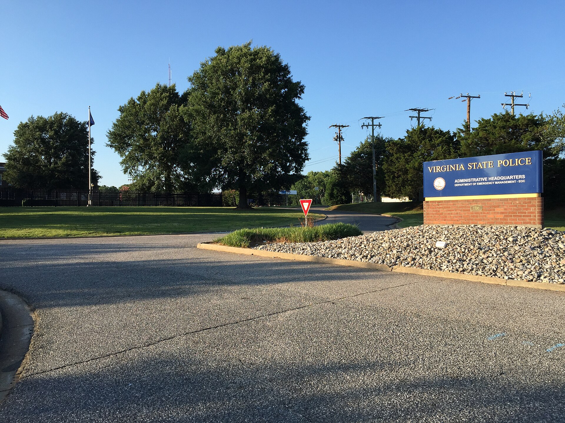 View north along Virginia State Route 339 at U.S. Route 60 (Midlothian Turnpike) at the entrance into the Virginia State Police Headquarters in Manchester, Chesterfield County, Virginia