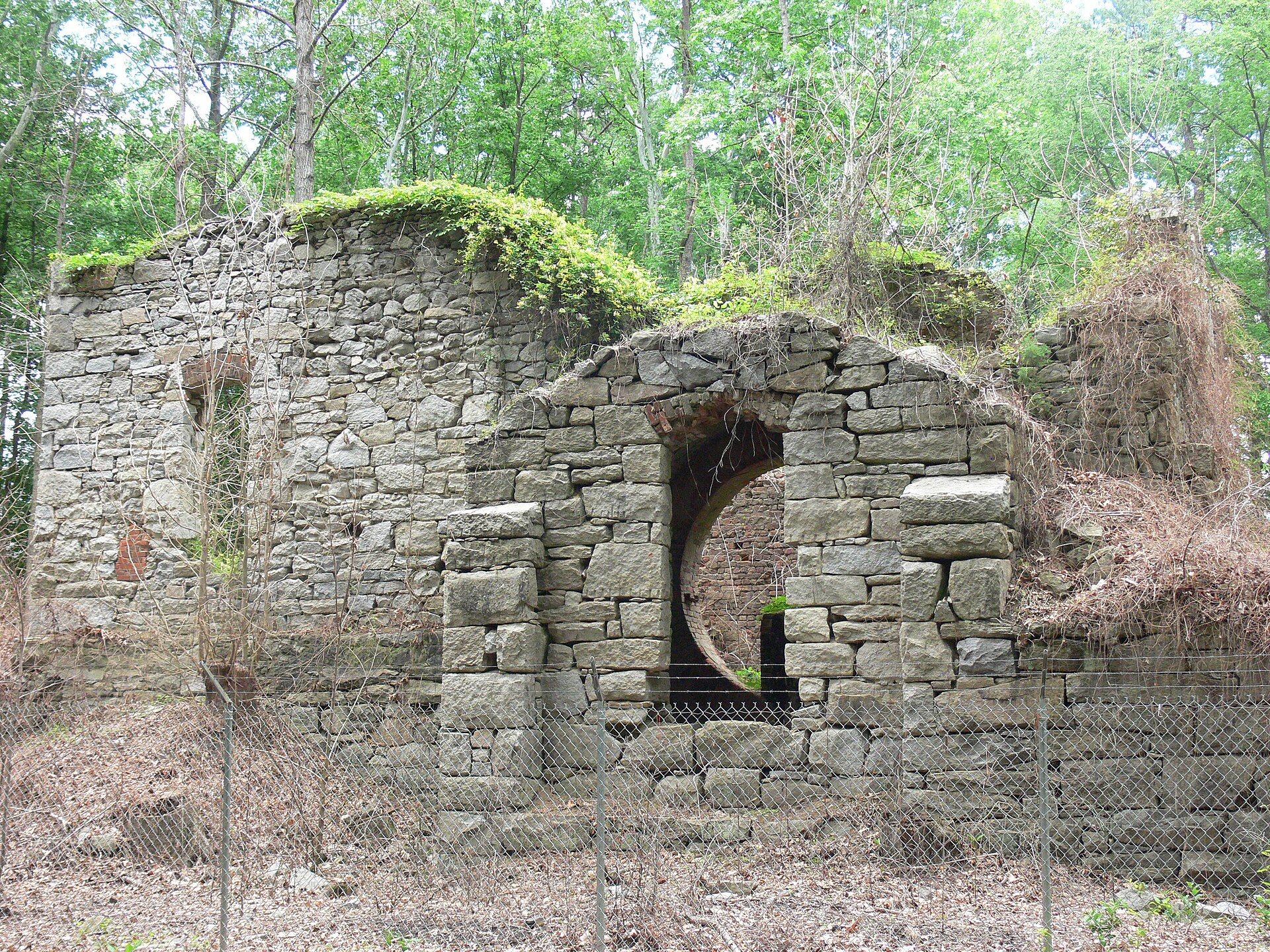 The ruins of the Grove Shaft from the Midlothian coal mines; Mid-Lothian Mines Park, Midlothian, Virginia.