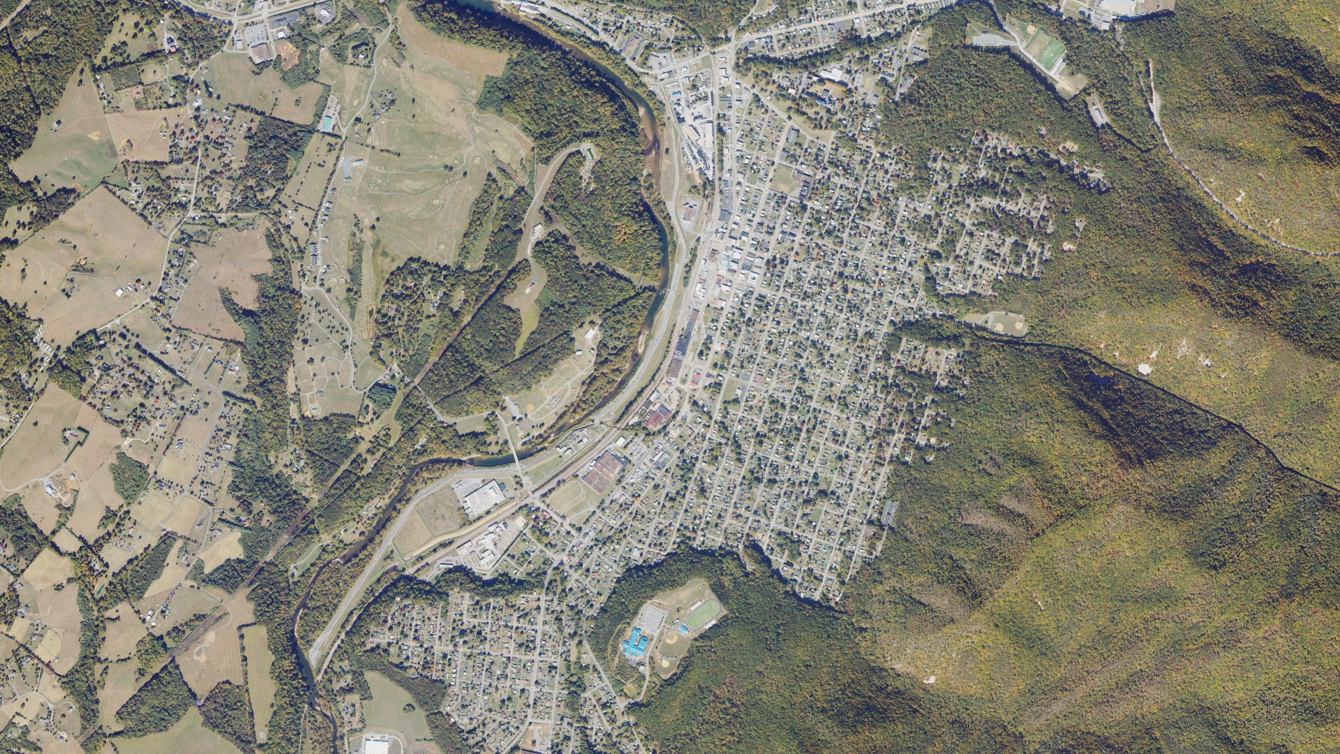 Natural-color aerial photograph of land around Buena Vista city, Virginia