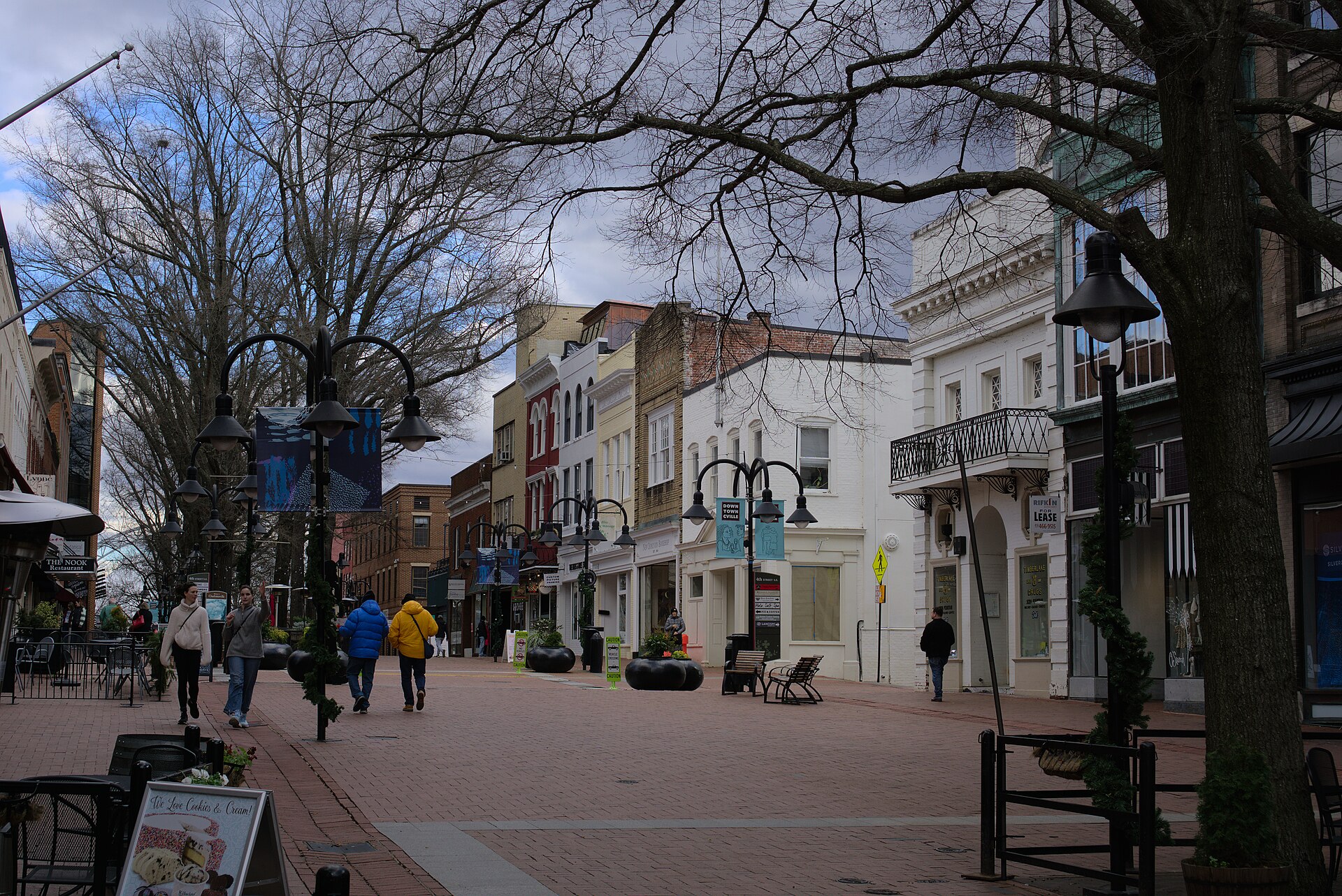 A view of the Charlottesville, Virginia downtown mall, facing east towards the Ting Pavilion, which can be seen in the background. — Charlottesville city, Virginia