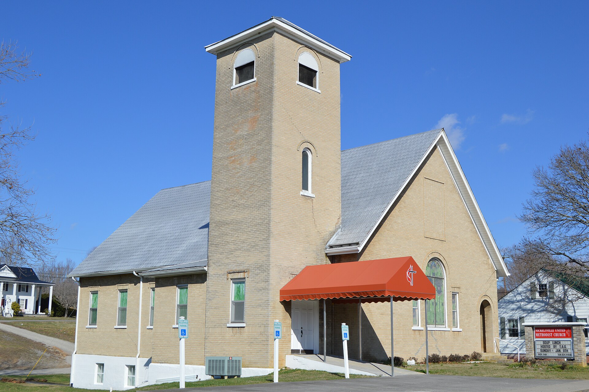 Front and western side of Nickelsville Methodist Church, located at 11675 Main Street (State Route 71) in Nickelsville, Virginia, United States.