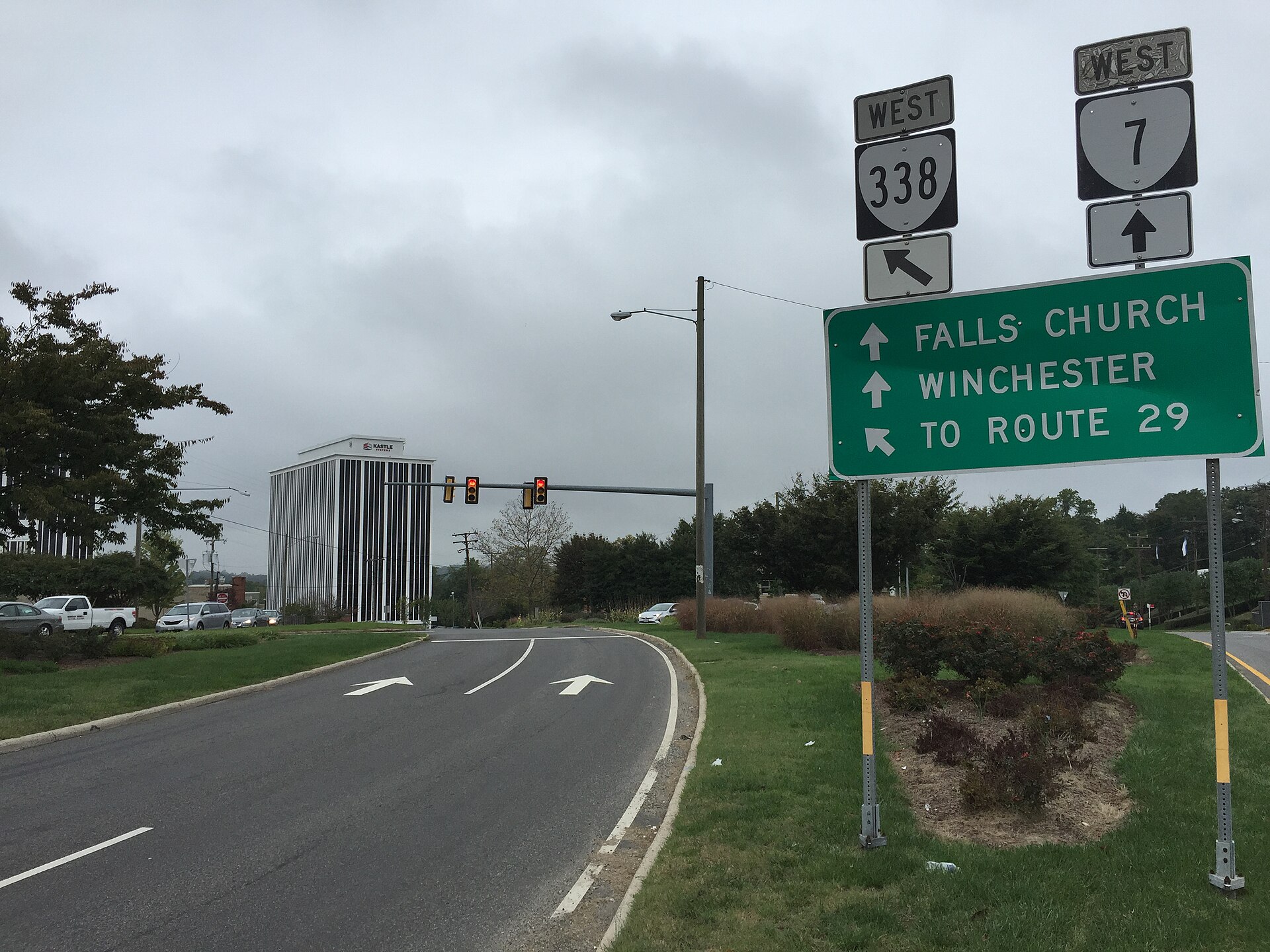View west along Virginia State Route 338 (Hillwood Avenue) at Virginia State Route 7 (Leesburg Pike) in Seven Corners, Fairfax County, Virginia