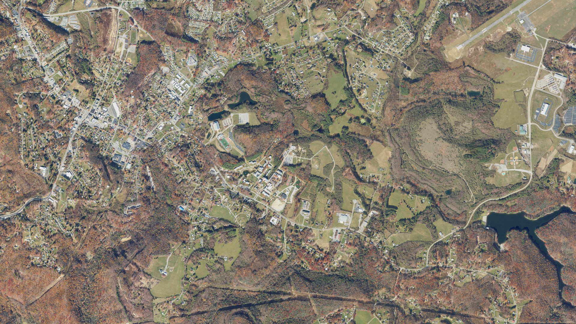 Natural-color aerial photograph of land around The University of Virginia's College at Wise, Virginia