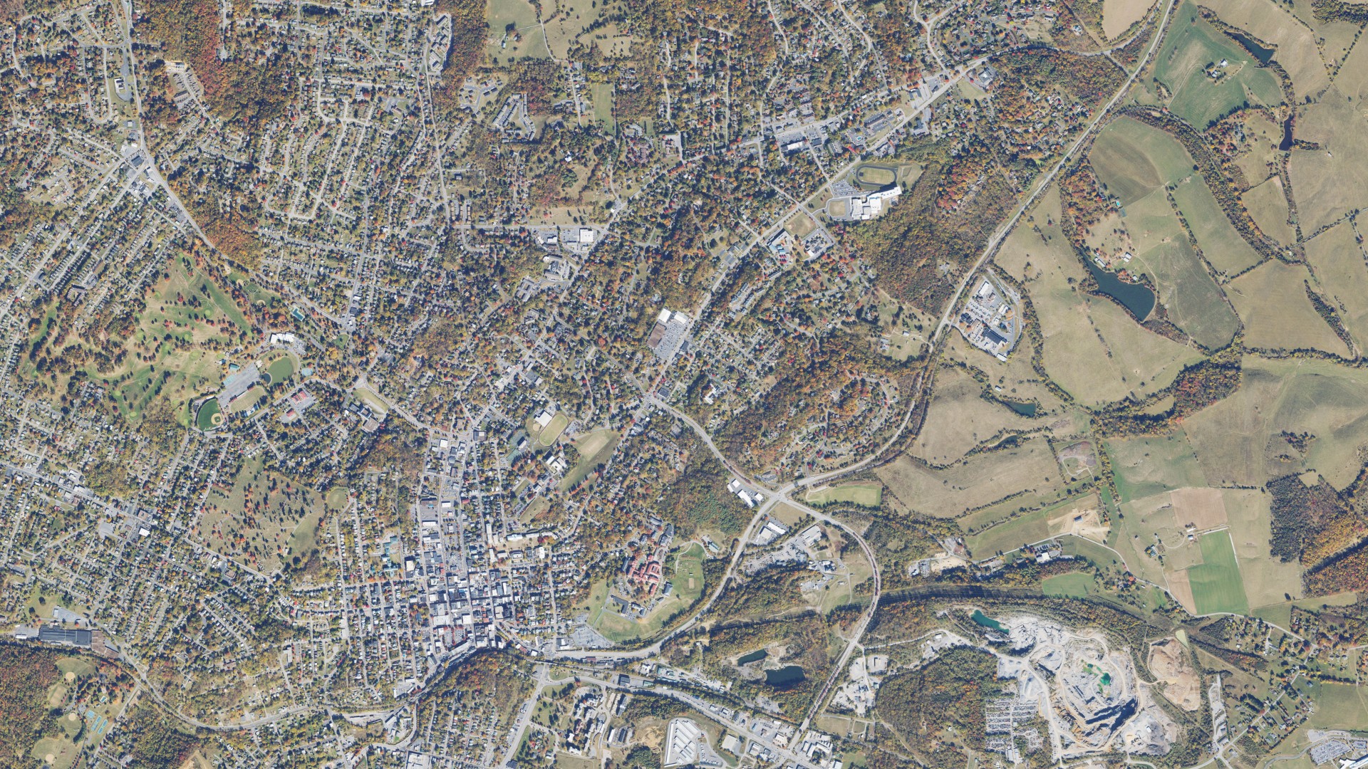 Natural-color aerial photograph of land around Staunton city, Virginia