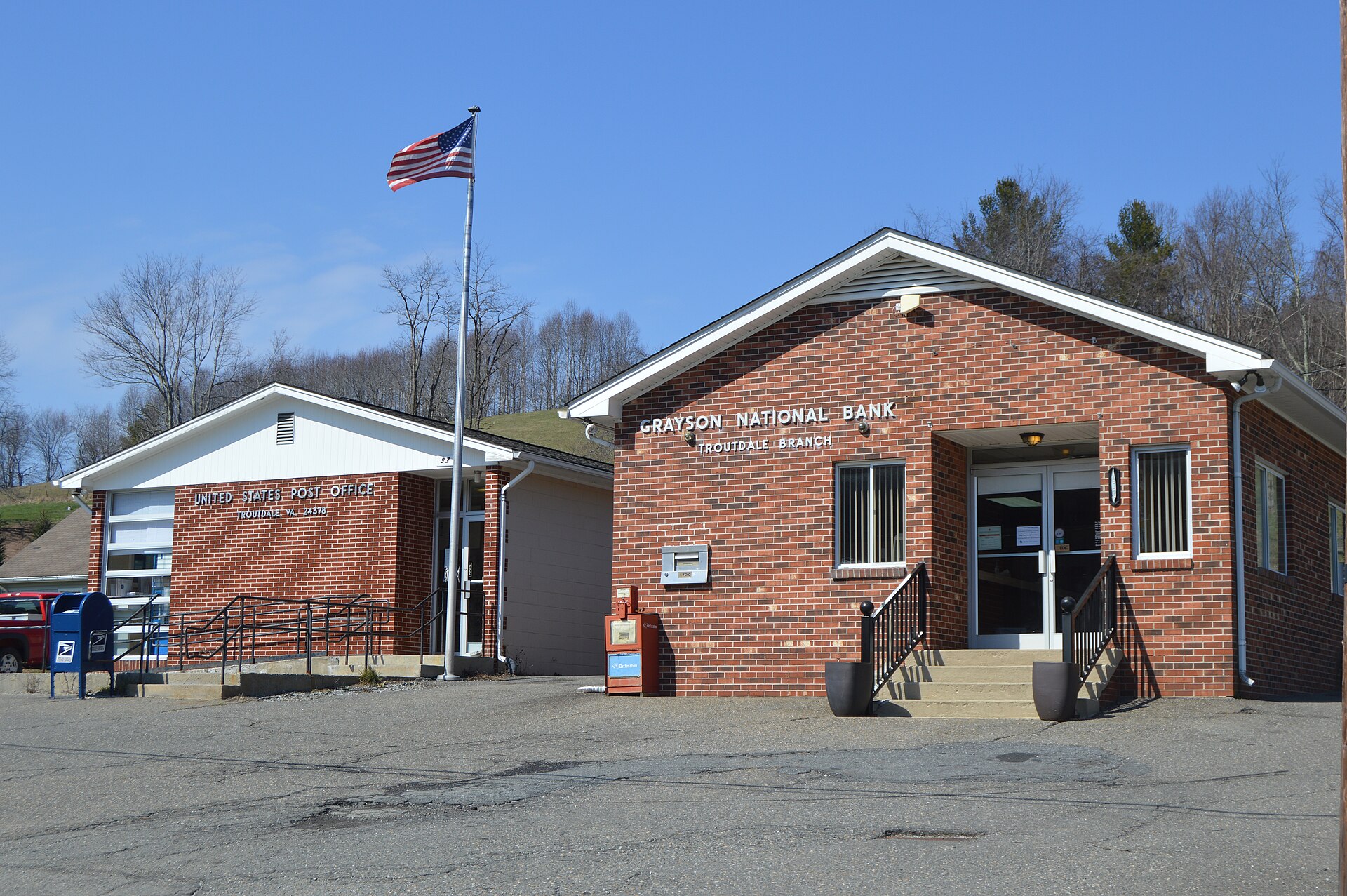 Front of the Troutdale post office and bank, located on Ripshin Road at Troutwood in Grayson County, Virginia, United States.