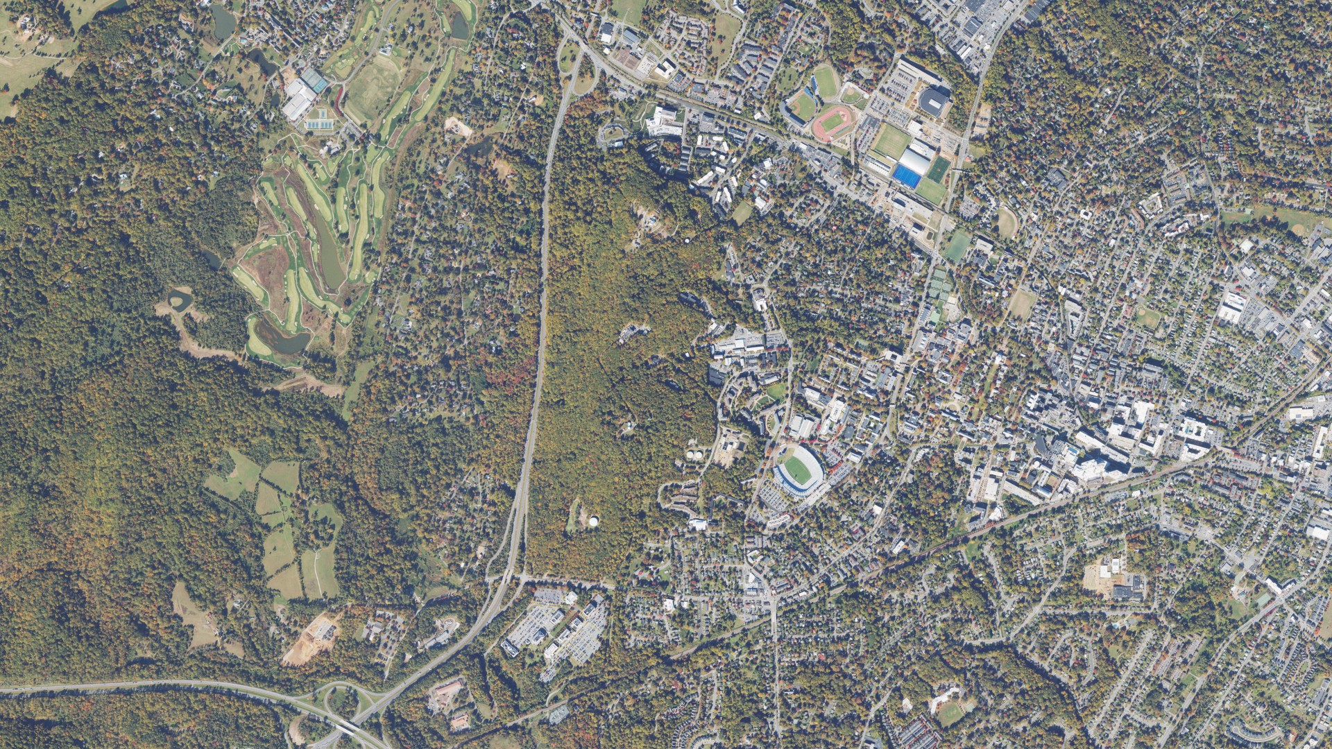 Natural-color aerial photograph of land around University of Virginia, Virginia