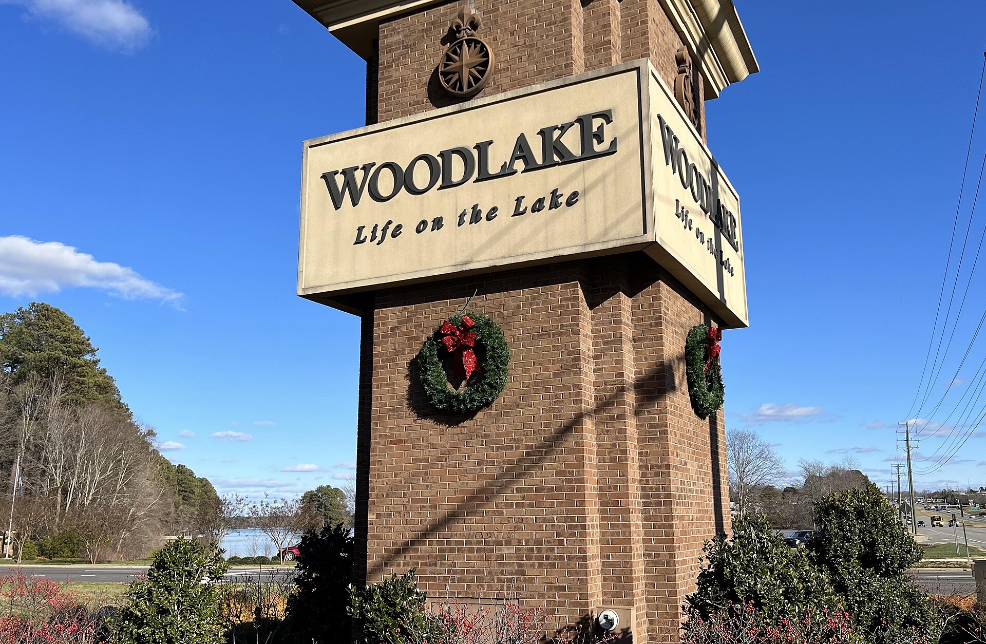 Entrance sign for the Woodlake subdivision in Chesterfield County, Virginia.