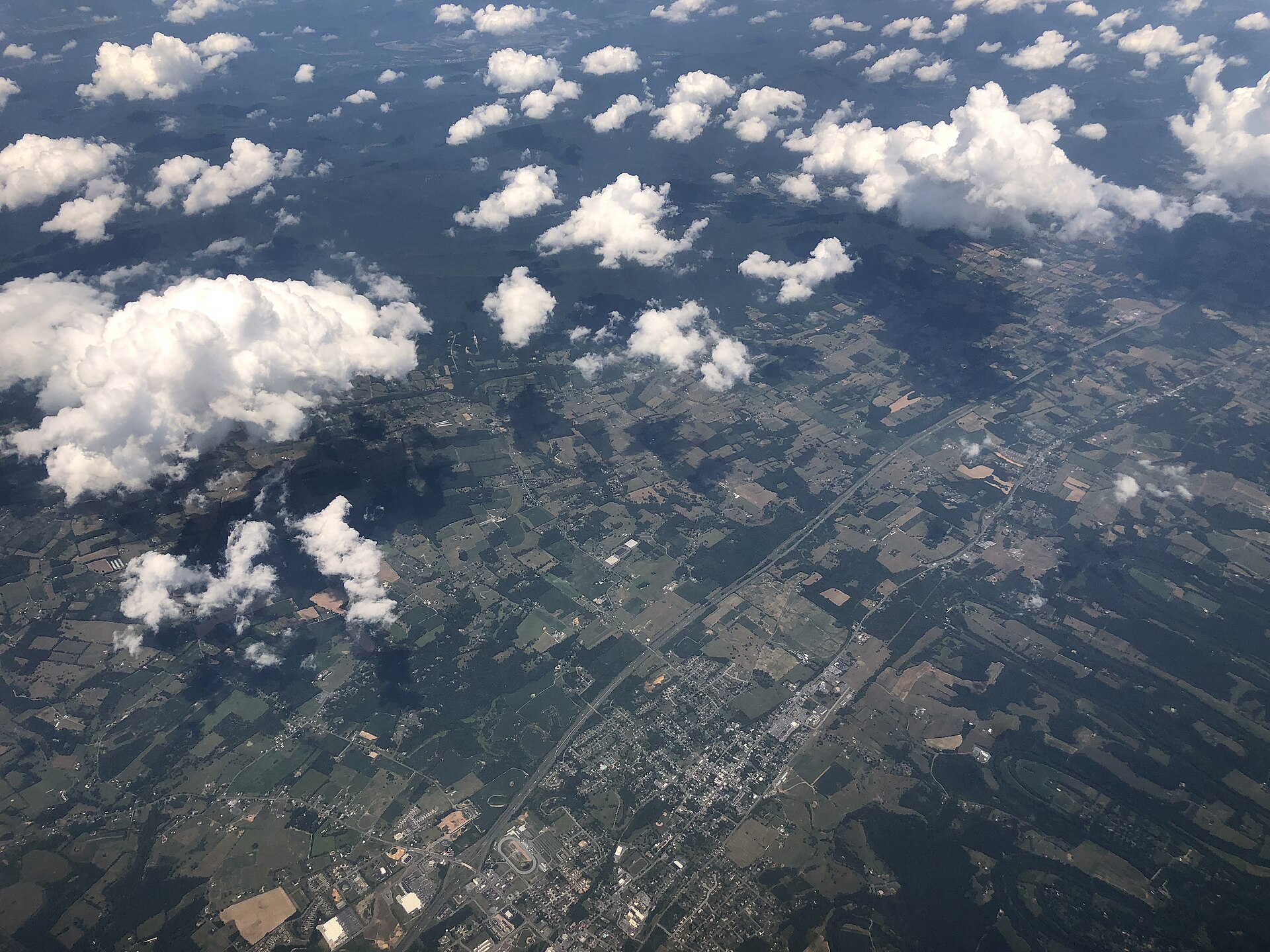 View north across the town of Woodstock and northern Shenandoah County, Virginiafrom an airplane which recently took off from Washington Dulles International Airport