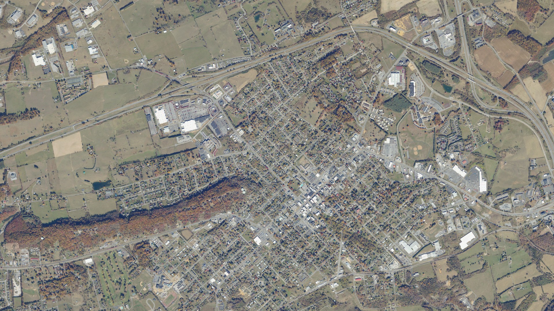 Natural-color aerial photograph of land around Wytheville, Virginia