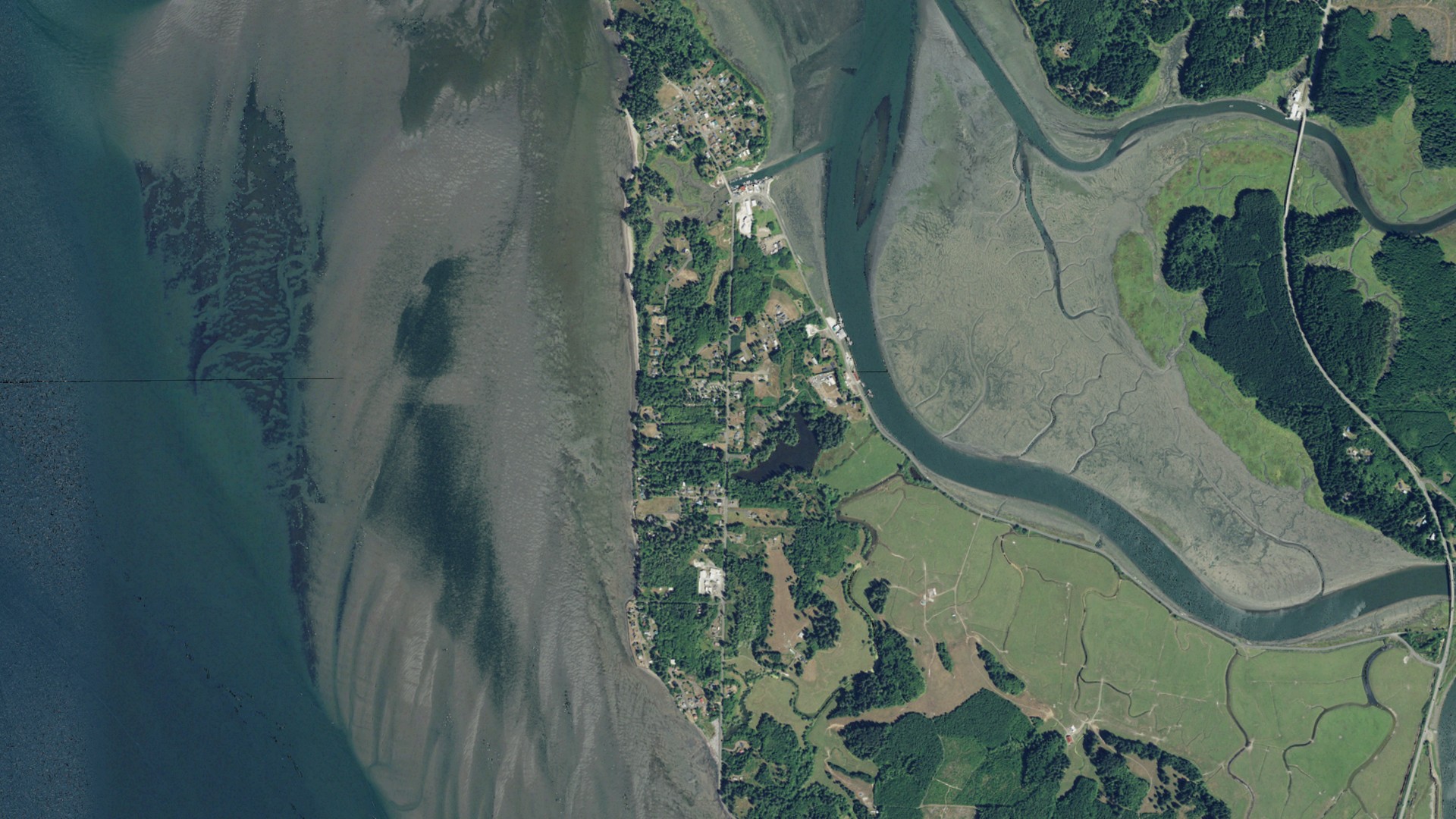 Natural-color aerial photograph of land around Bay Center, Washington