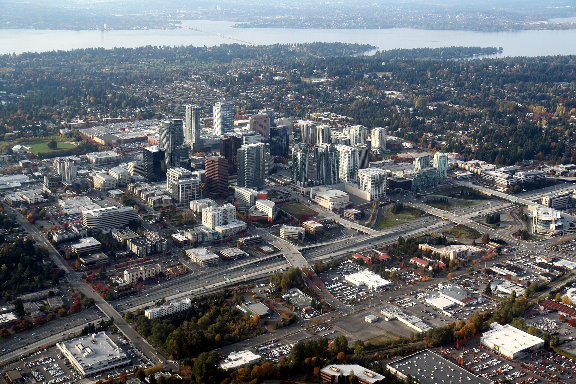 An aerial view of Bellevue, Washington seen against the backdrop of Lake Washington.