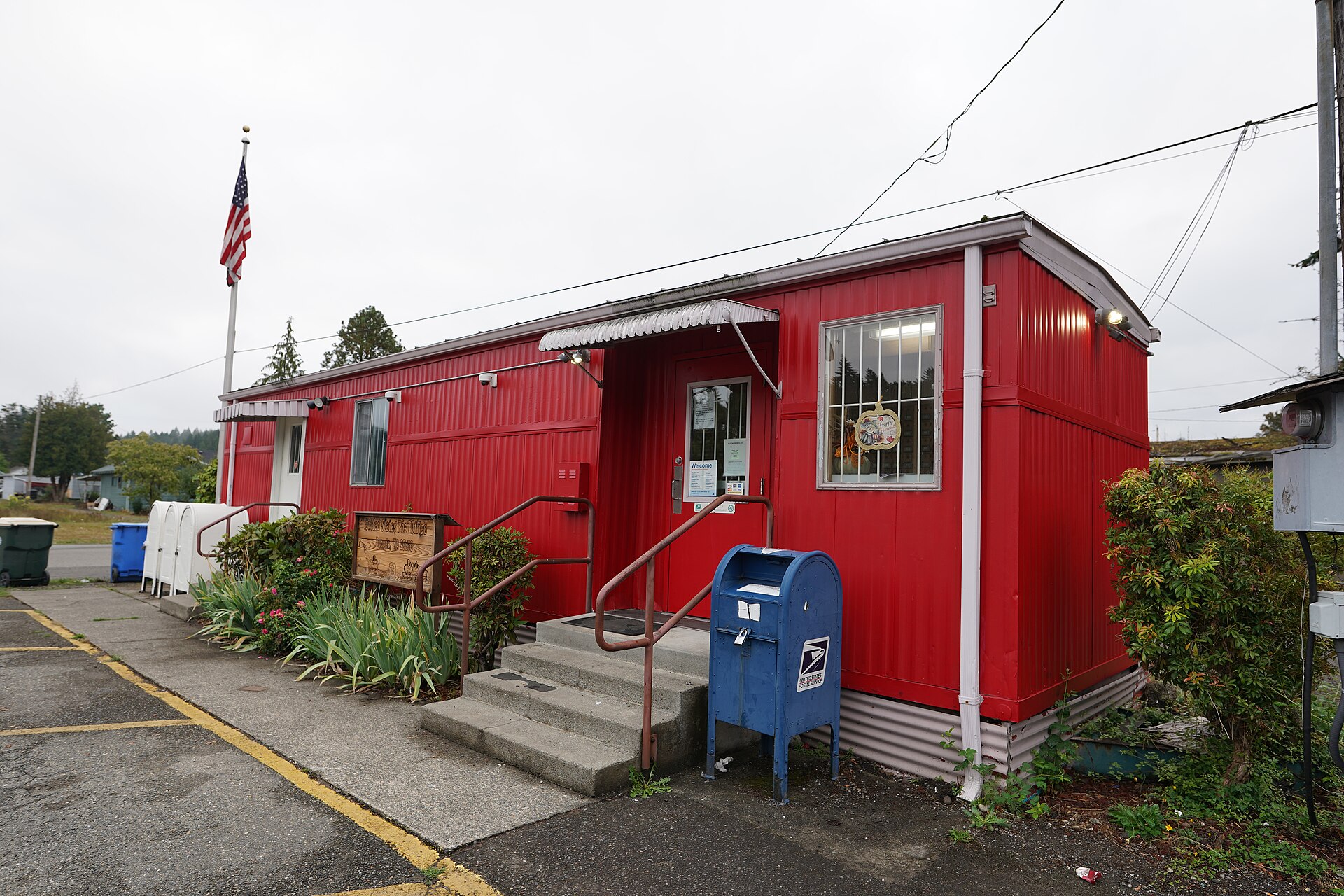Image is of the west and south faces of the Bucoda, Washington, United States Post Office. Photograph taken on 2020-09-20T15:11:04Z.
