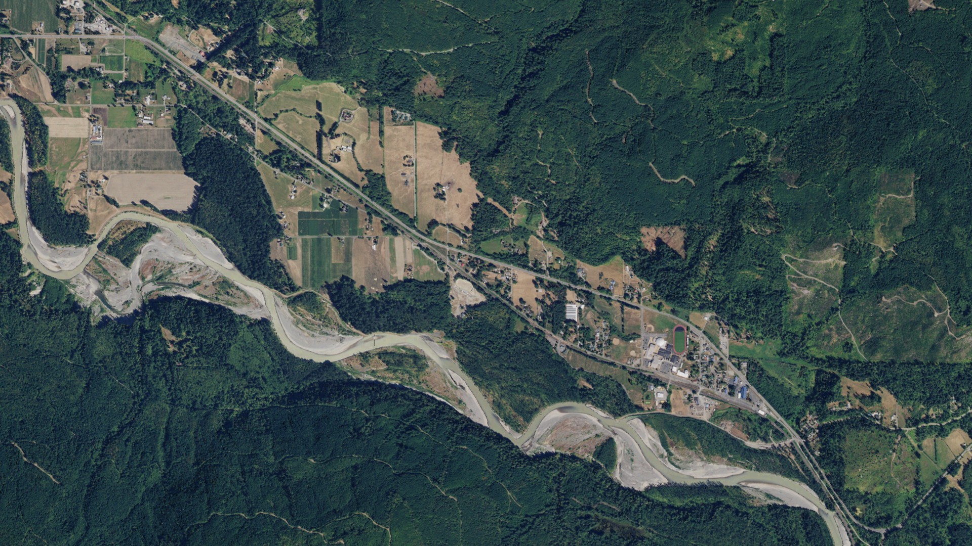 Natural-color aerial photograph of land around Deming, Washington
