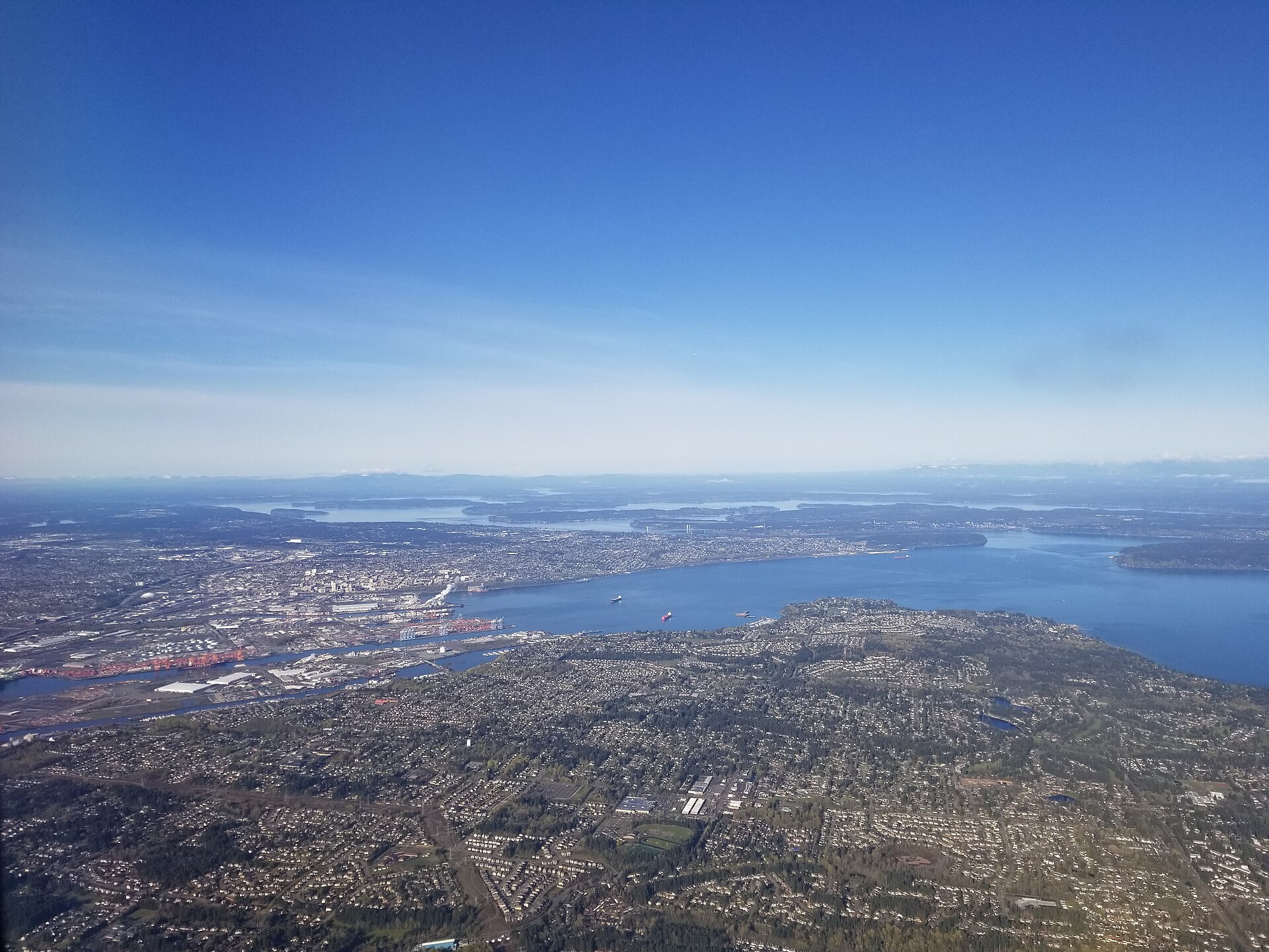 Taken of Commencement Bay (part of Puget Sound) while on an airplane. — Fox Island, Washington