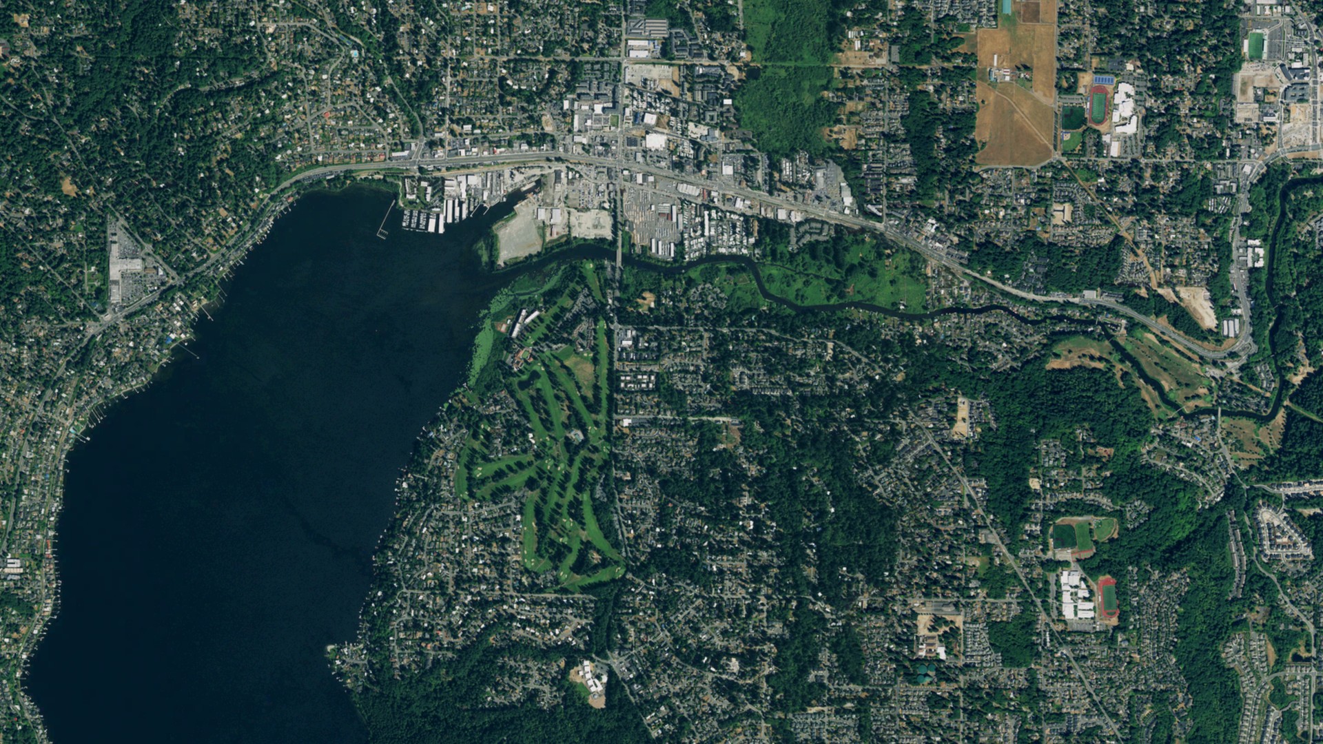 Natural-color aerial photograph of land around Kenmore, Washington