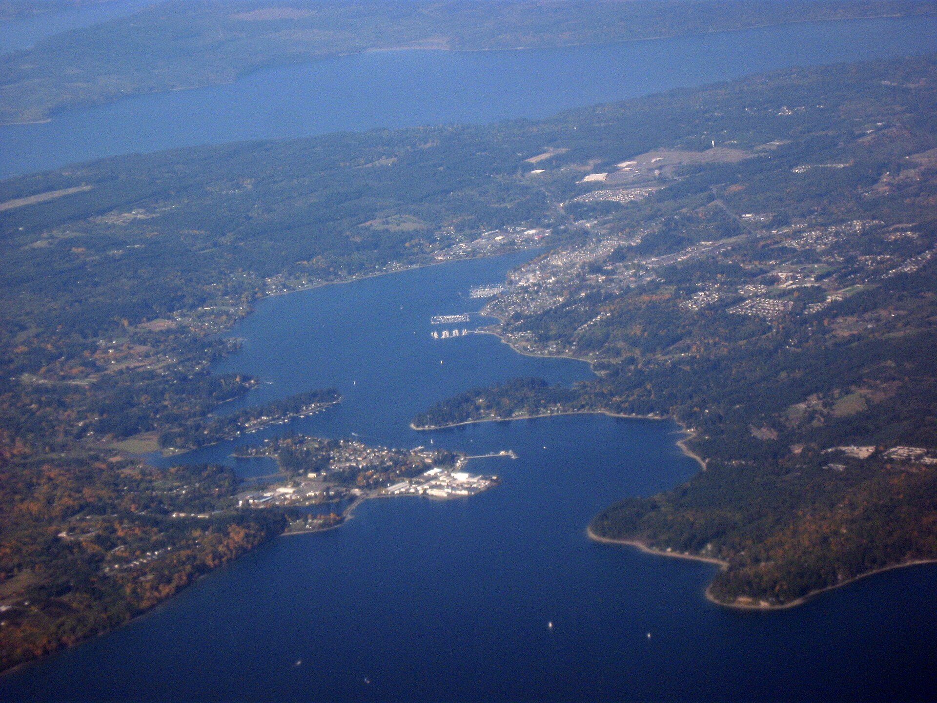 Aerial view of Keyport (just below center) facing northwest from Port Orchard Bay. — Washington