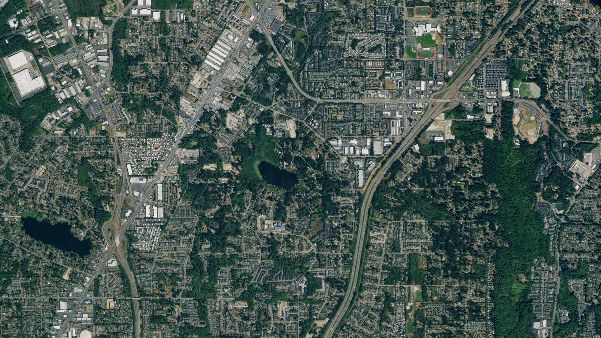 Natural-color aerial photograph of land around Lake Stickney, Washington
