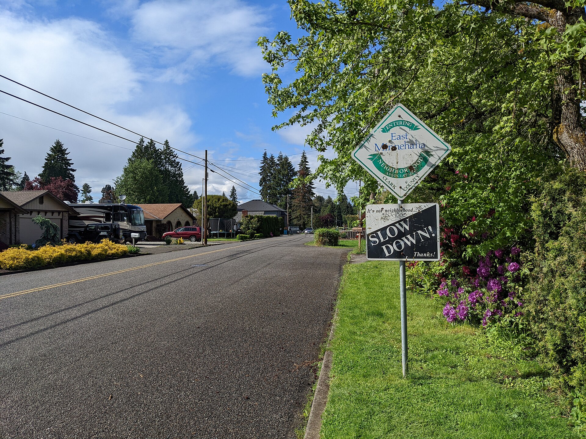 Southern entrance sign to East Minnehaha, an area designated a Clark County Neighborhood Association in Minnehaha, Washington, USA.