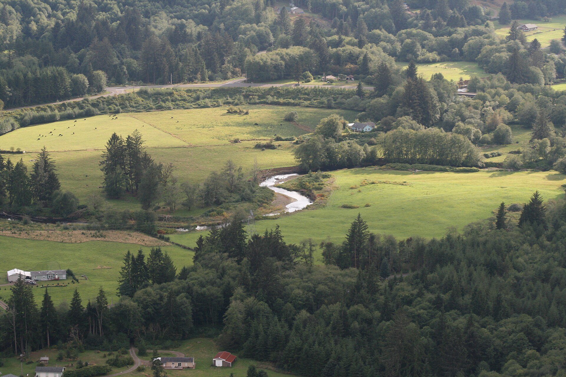 Cow fields, State Route 4, and the Naselle River. — Washington