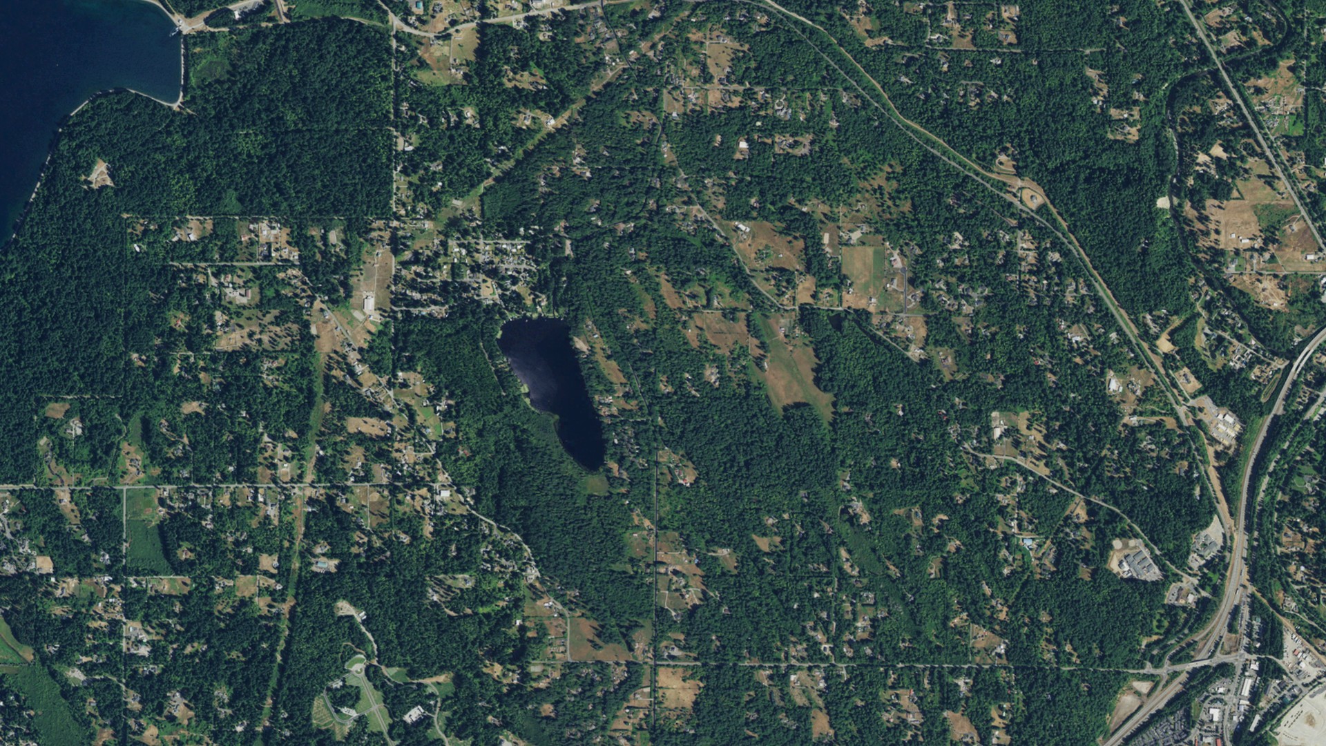 Natural-color aerial photograph of land around Shadow Lake, Washington